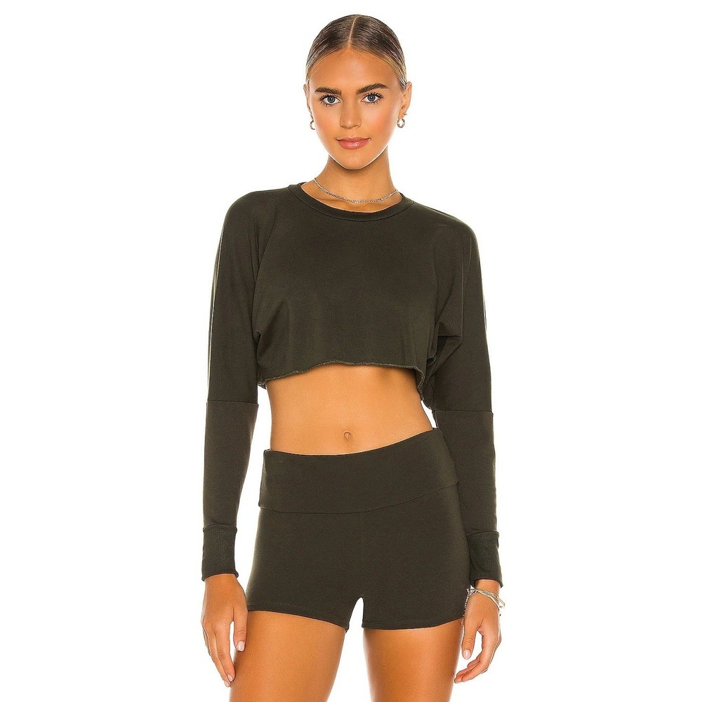Revolve Indah Body Bamboo Cropped Sweatshirt S Olive Green Gnocchi Crew Neck Top